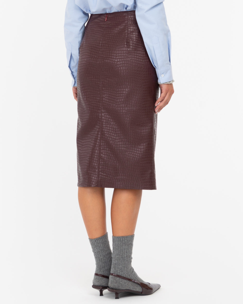 red faux leather crocodile midi skirt