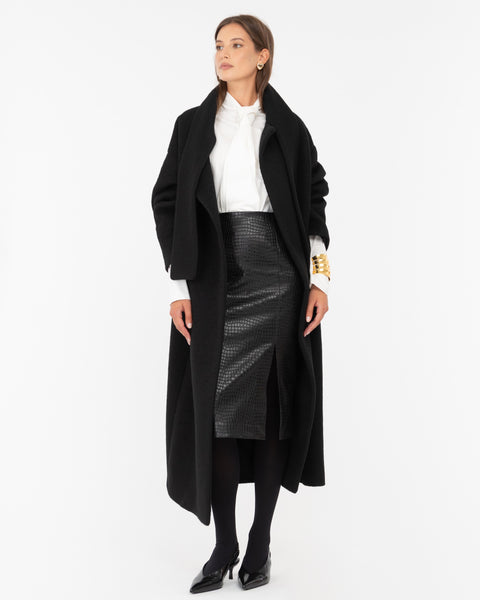 black faux leather crocodile midi skirt