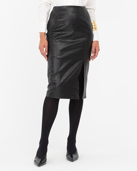 black faux leather crocodile midi skirt