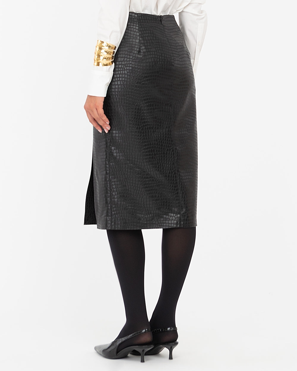 black faux leather crocodile midi skirt