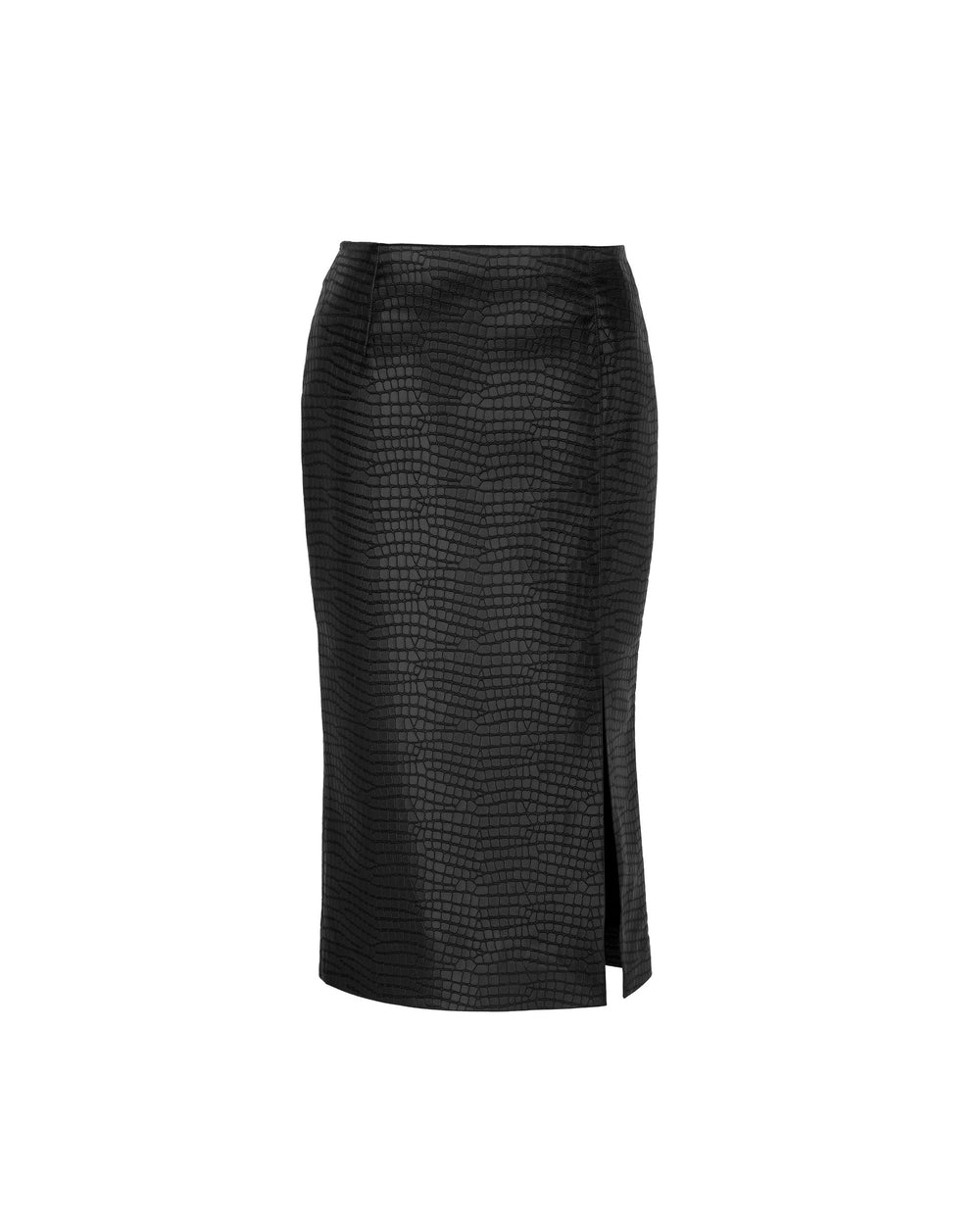 black faux leather crocodile midi skirt