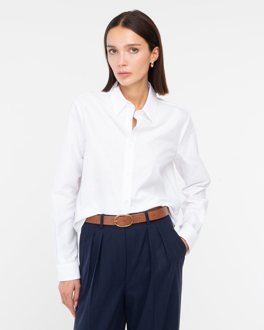 white cotton blend oxford cropped shirt