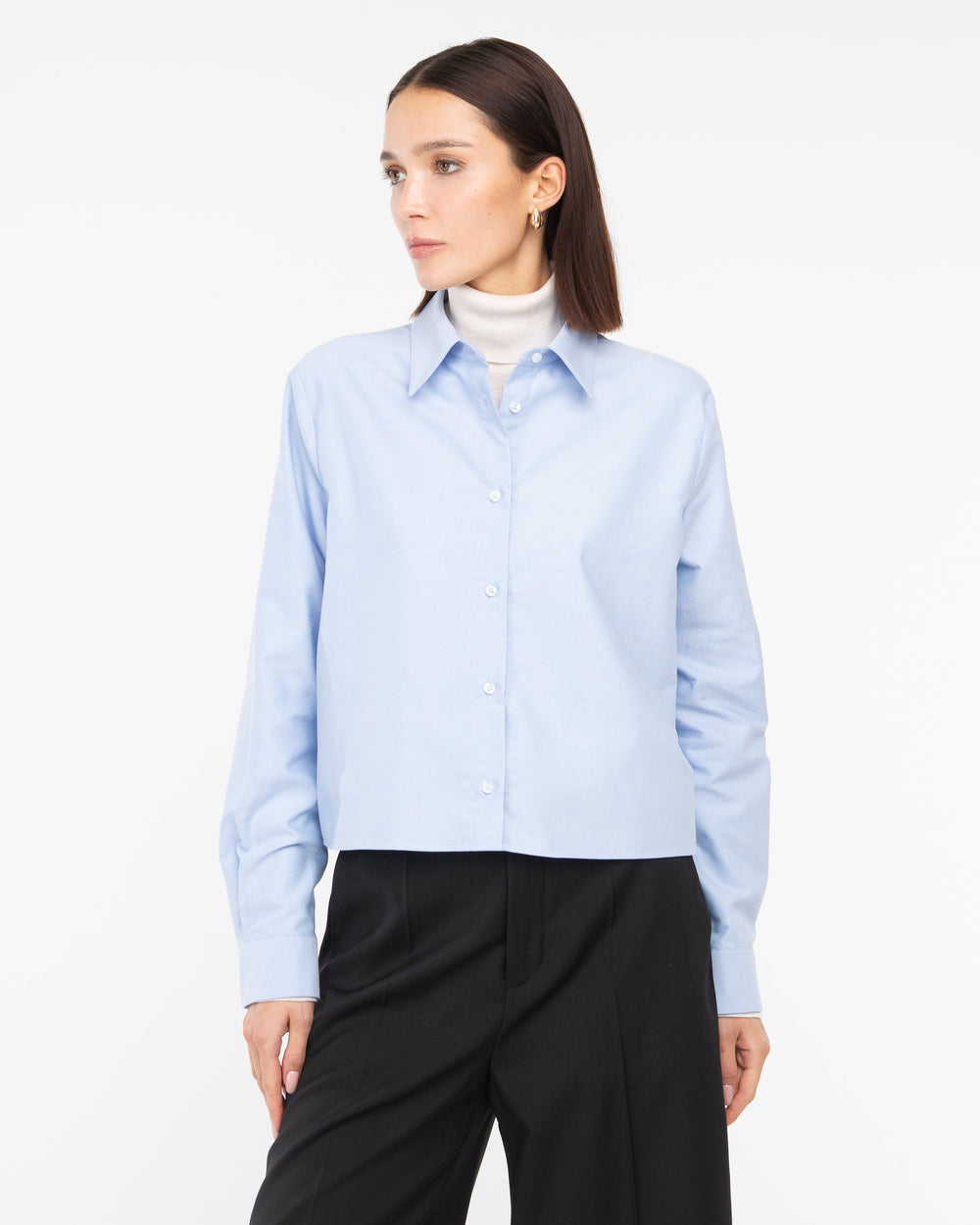 light blue cotton blend oxford cropped shirt