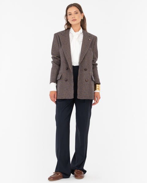 blue pied de poule double breasted wool blend blazer