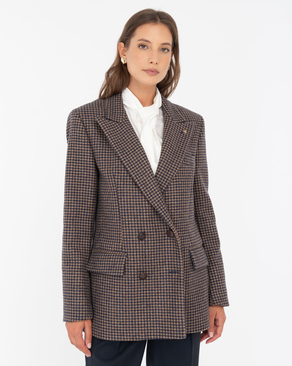 blue pied de poule double breasted wool blend blazer