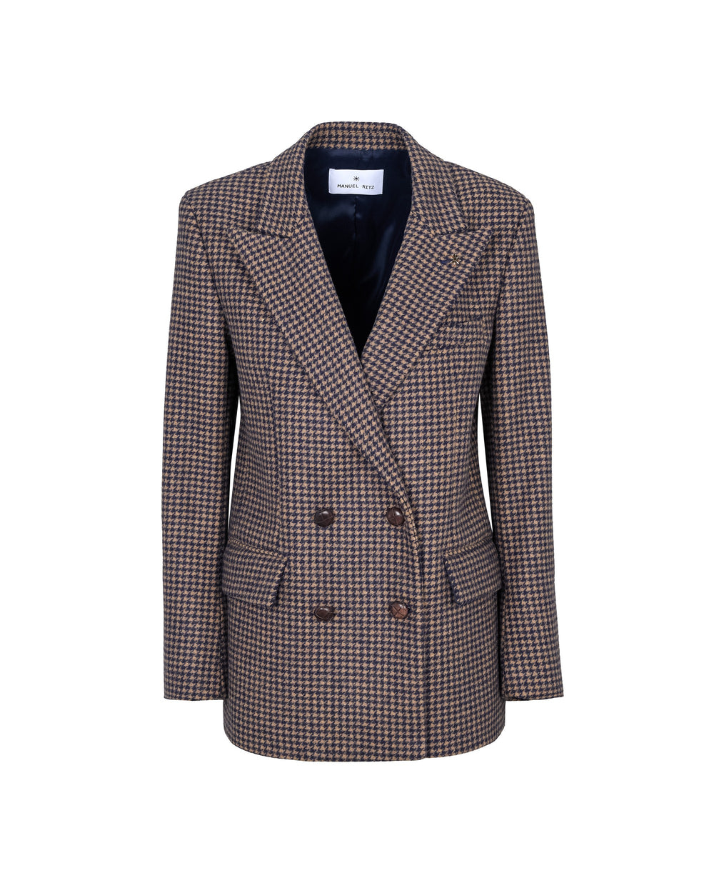 blue pied de poule double breasted wool blend blazer