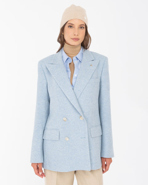 light blue wool blend double breasted chevron blazer