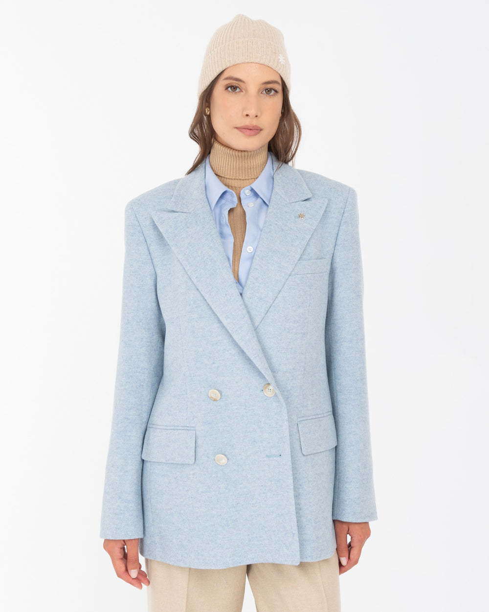 light blue wool blend double breasted chevron blazer