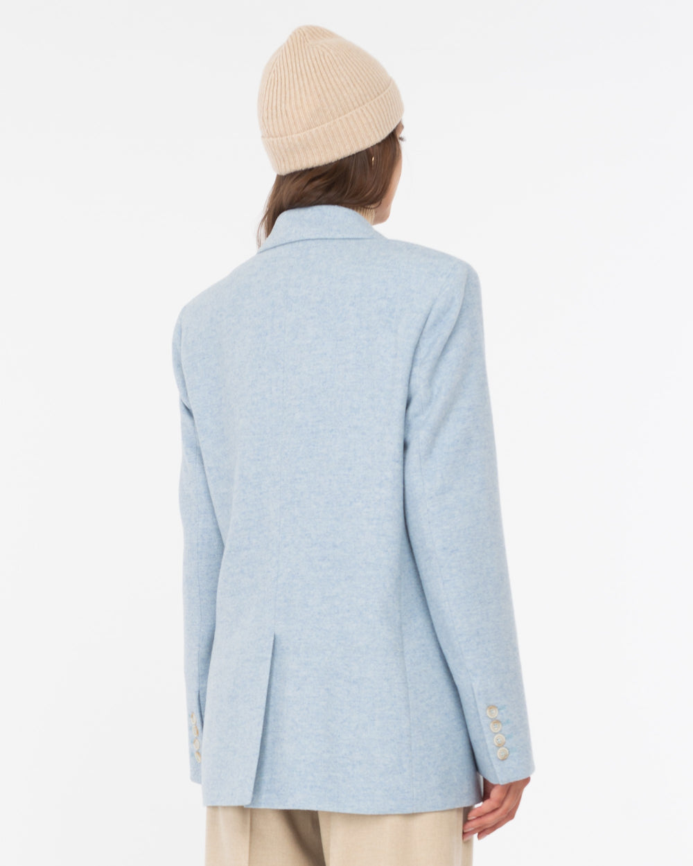 light blue wool blend double breasted chevron blazer