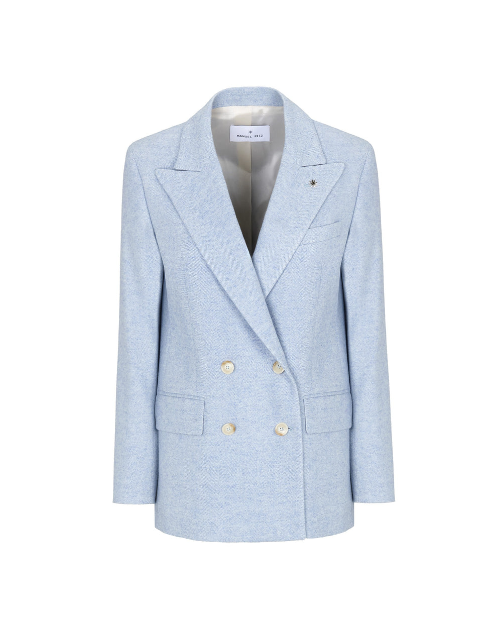 light blue wool blend double breasted chevron blazer