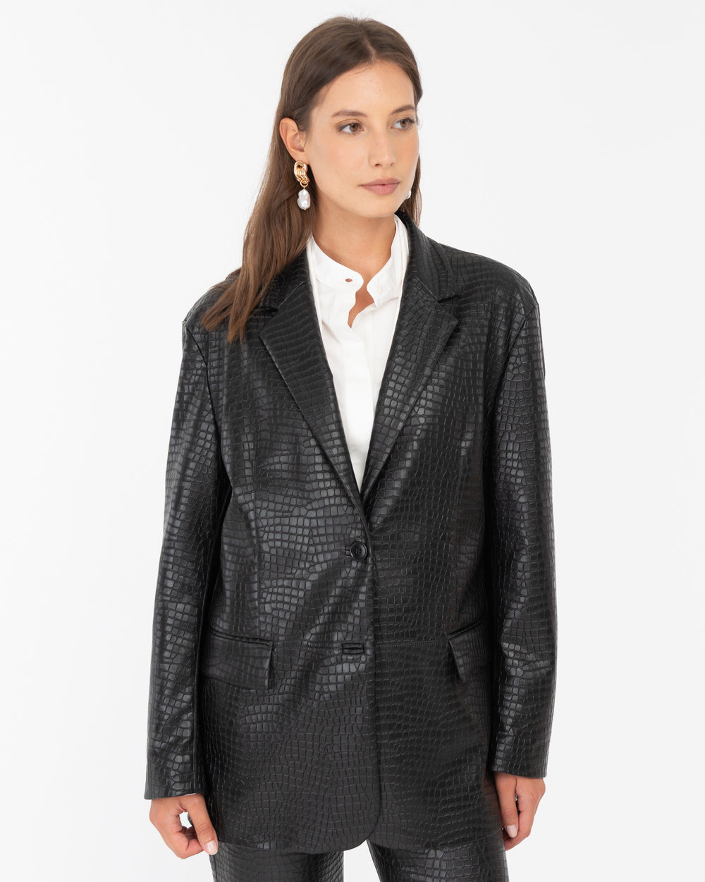 black faux leather crocodile blazer
