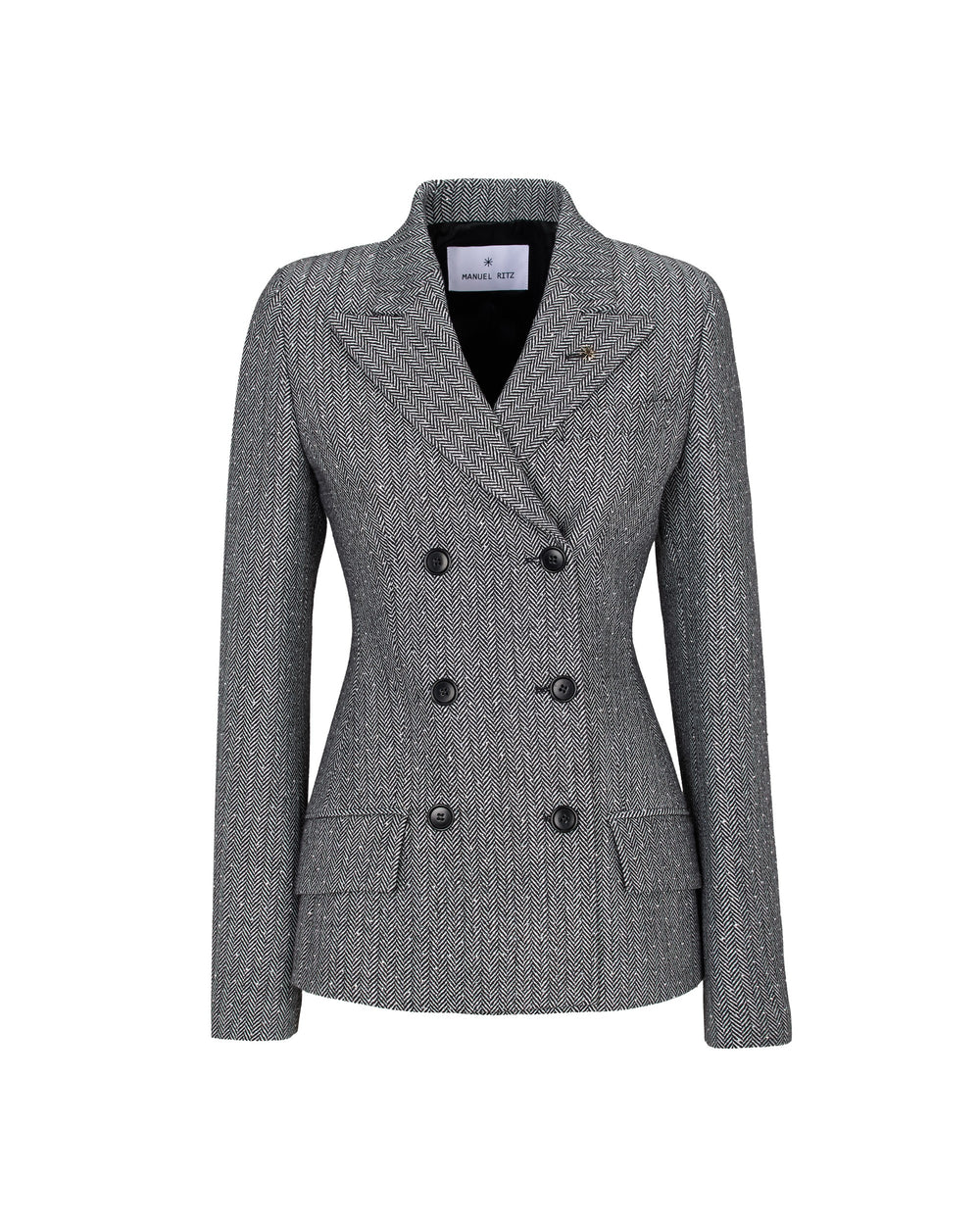 black double breasted chevron blazer with appliqués