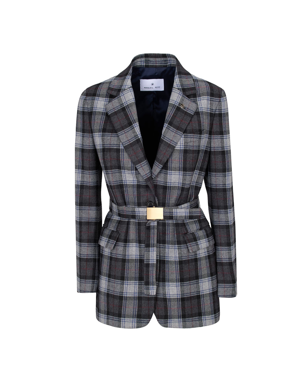 gray wool blend prince of wales belt blazer