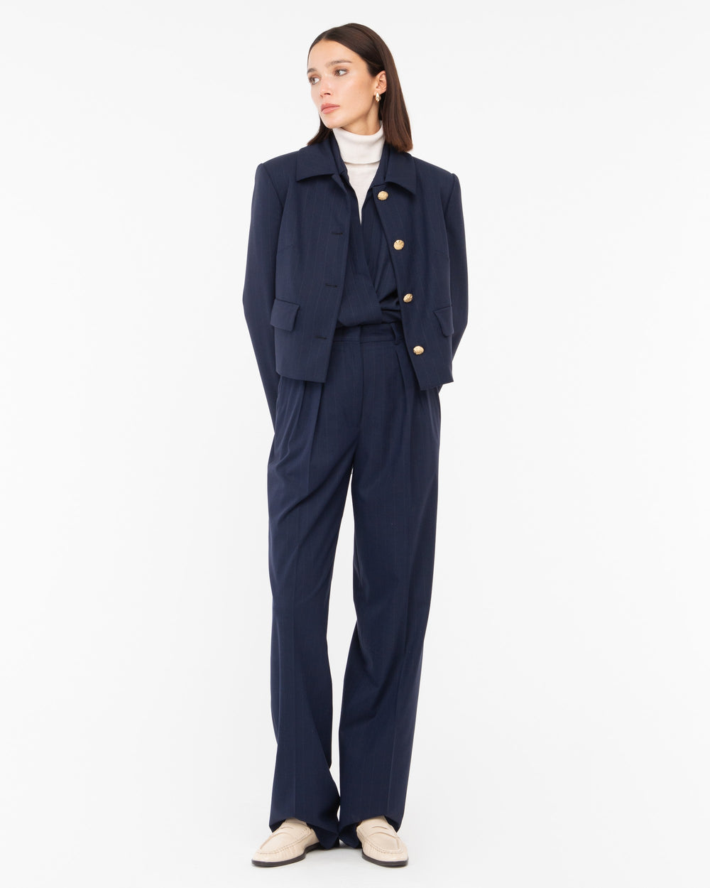 blue poly viscose pinstripe cropped jacket