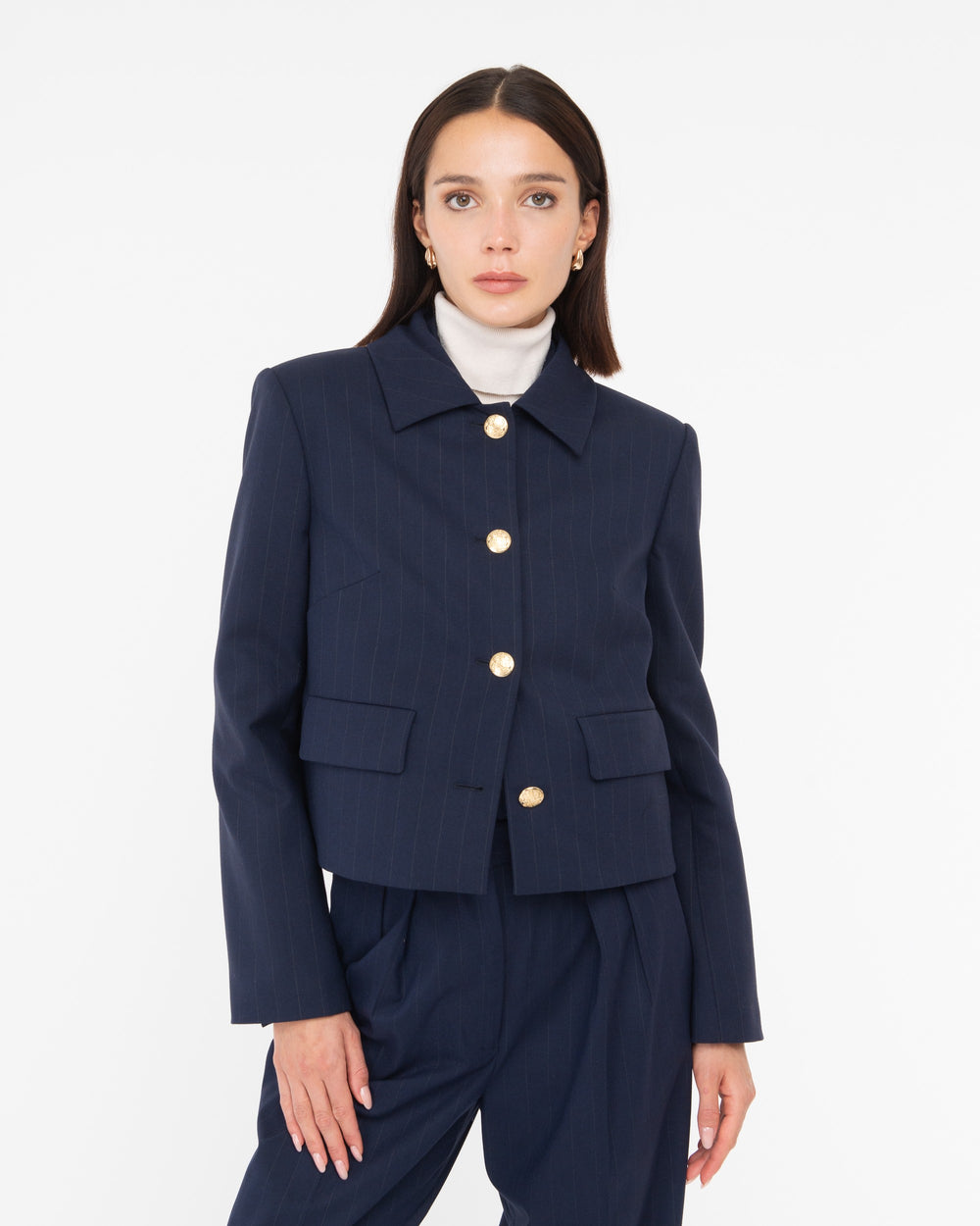 blue poly viscose pinstripe cropped jacket