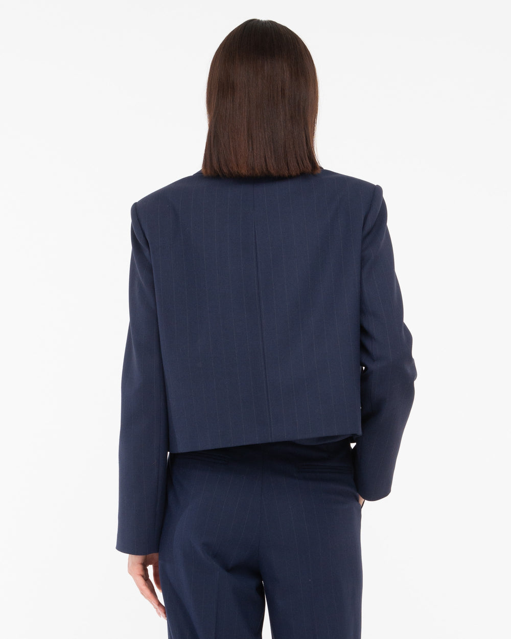 blue poly viscose pinstripe cropped jacket