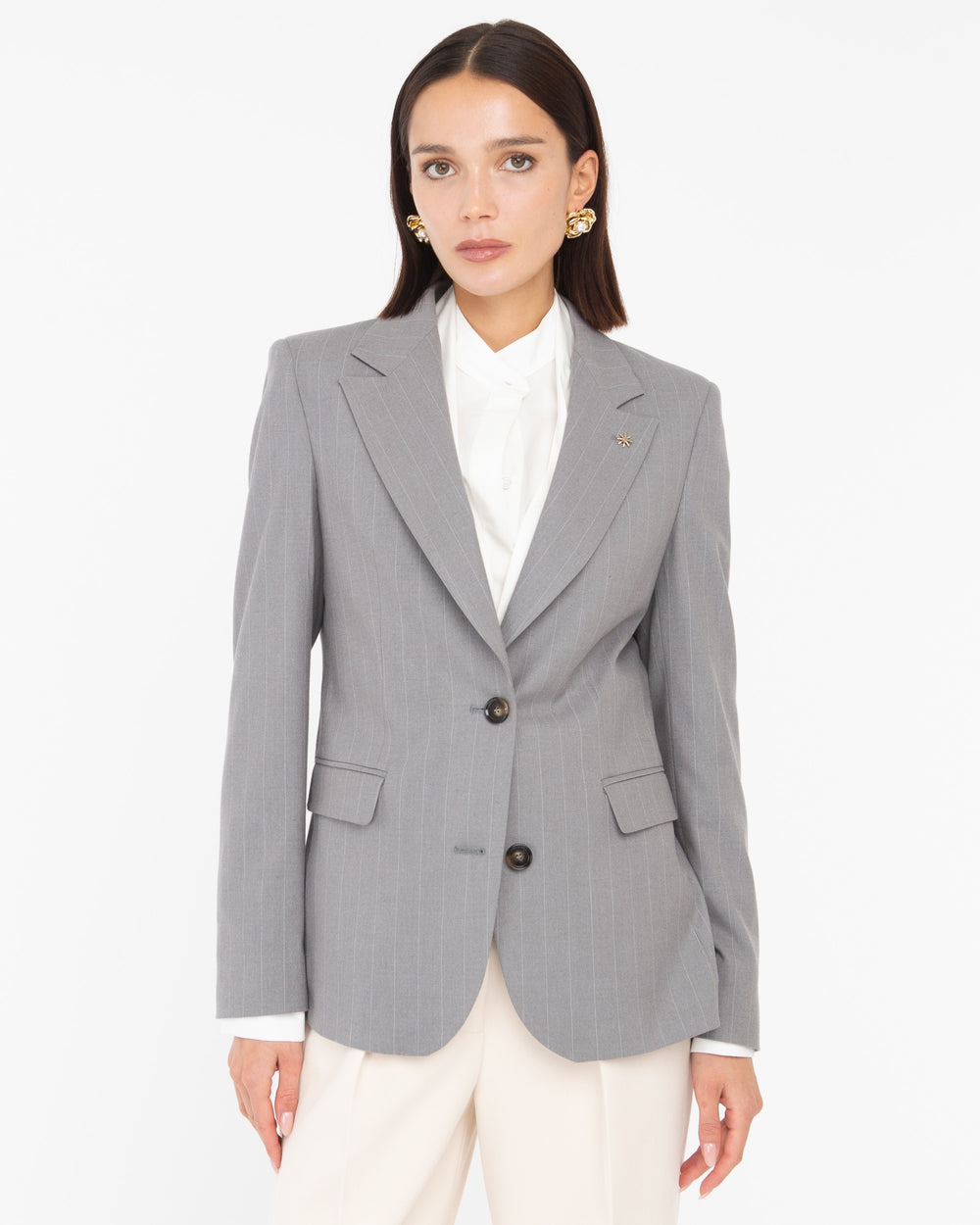 gray poly stretch pinstripes blazer