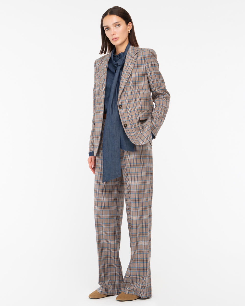 brown prince of wales poly stretch blazer