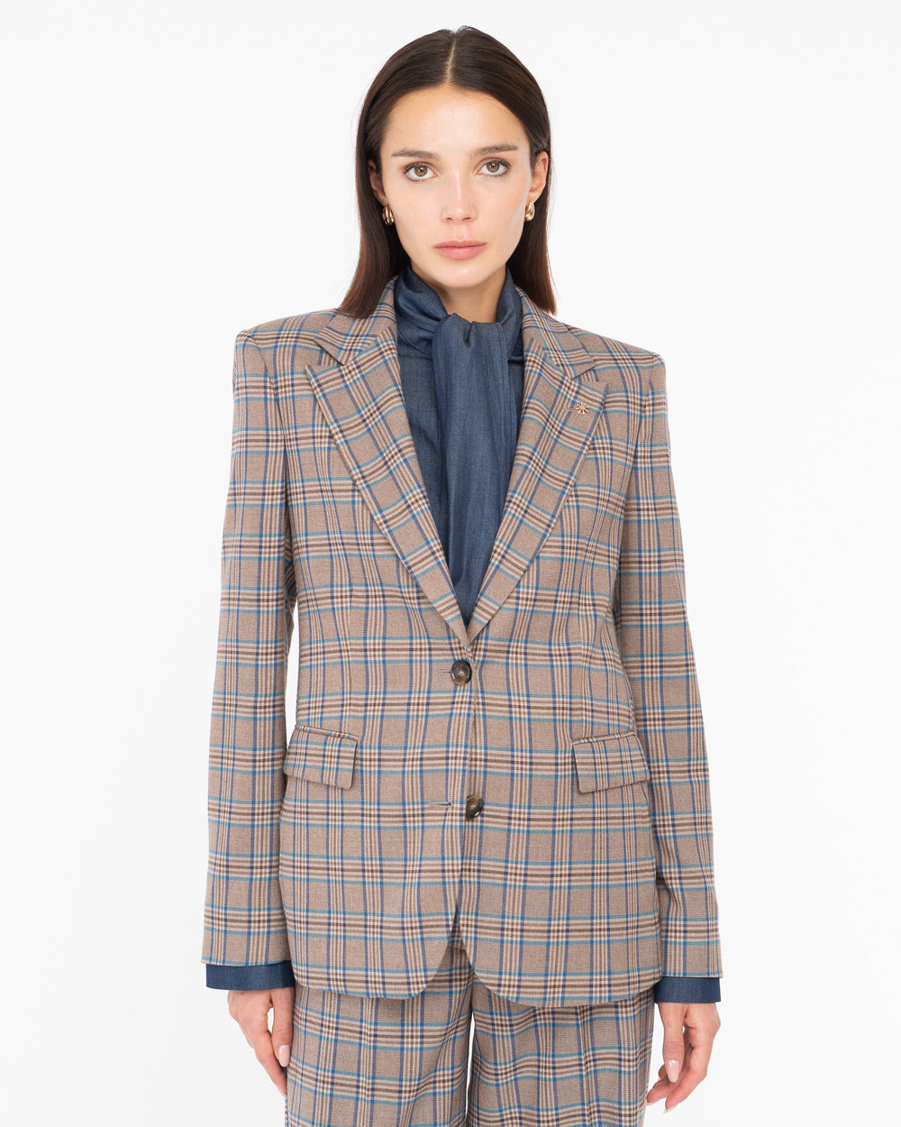 brown prince of wales poly stretch blazer
