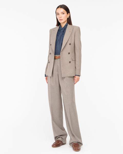 brown micro pied de poule lurex double breasted blazer