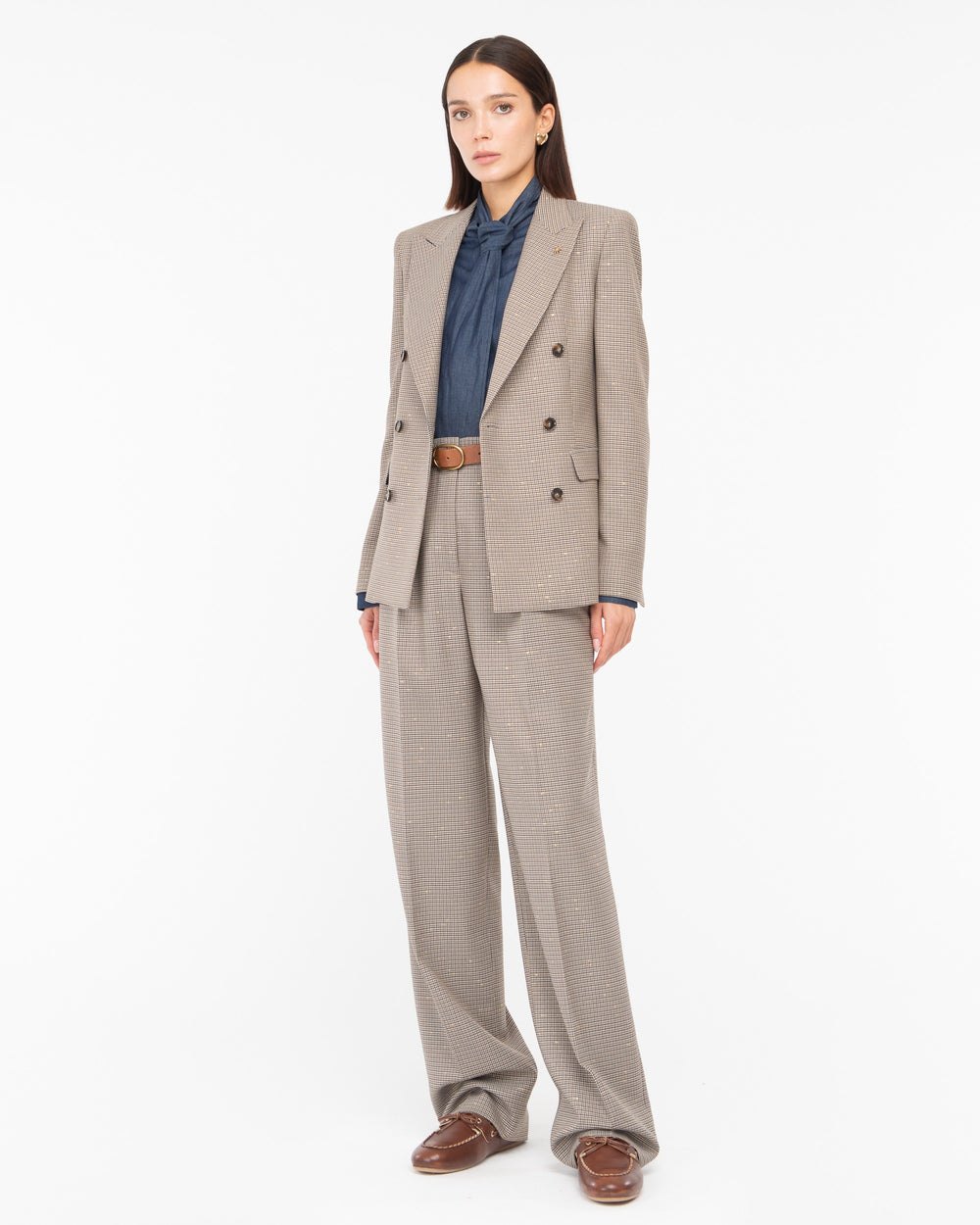 brown micro pied de poule lurex double breasted blazer