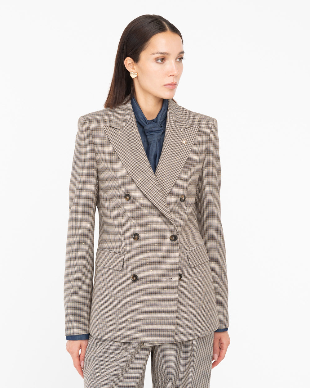 brown micro pied de poule lurex double breasted blazer