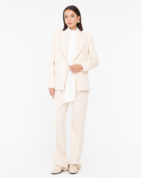 white stretch viscose poly double breasted blazer