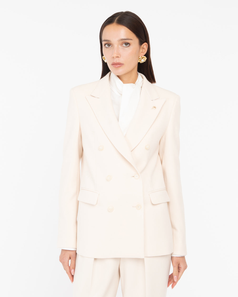 white stretch viscose poly double breasted blazer
