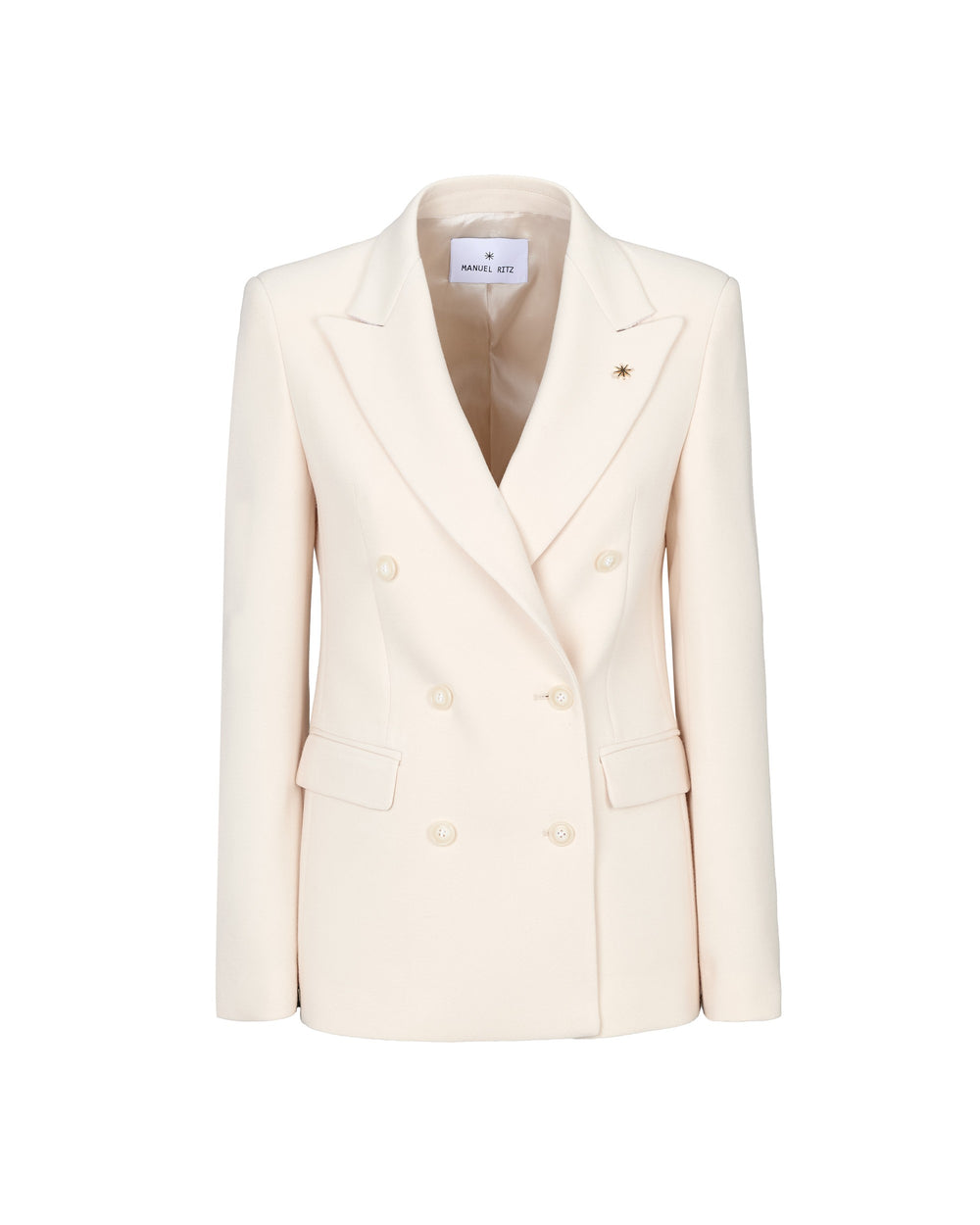 white stretch viscose poly double breasted blazer