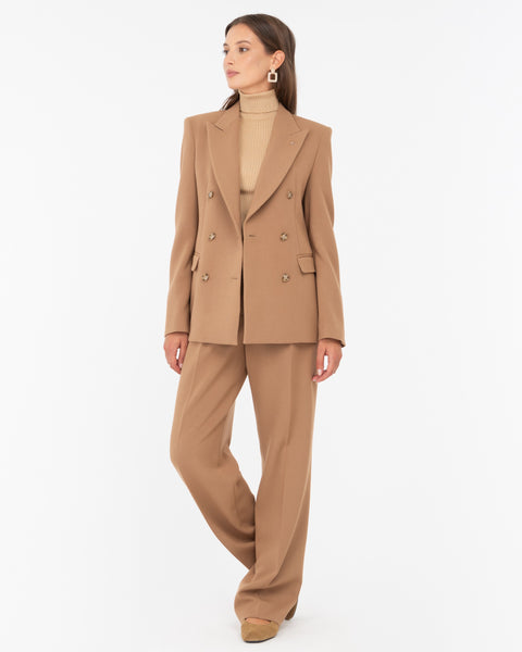 brown stretch viscose poly double breasted blazer