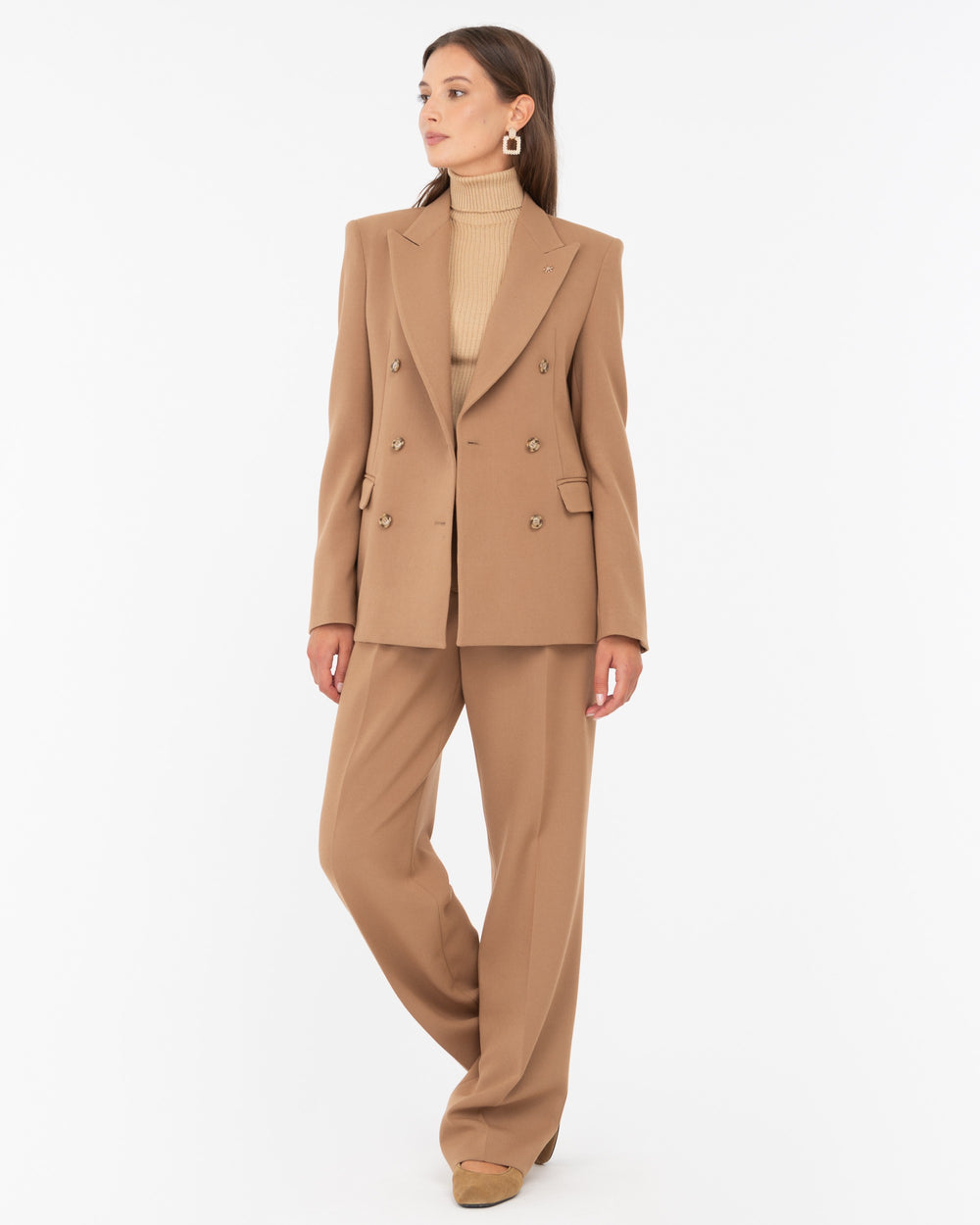 brown stretch viscose poly double breasted blazer