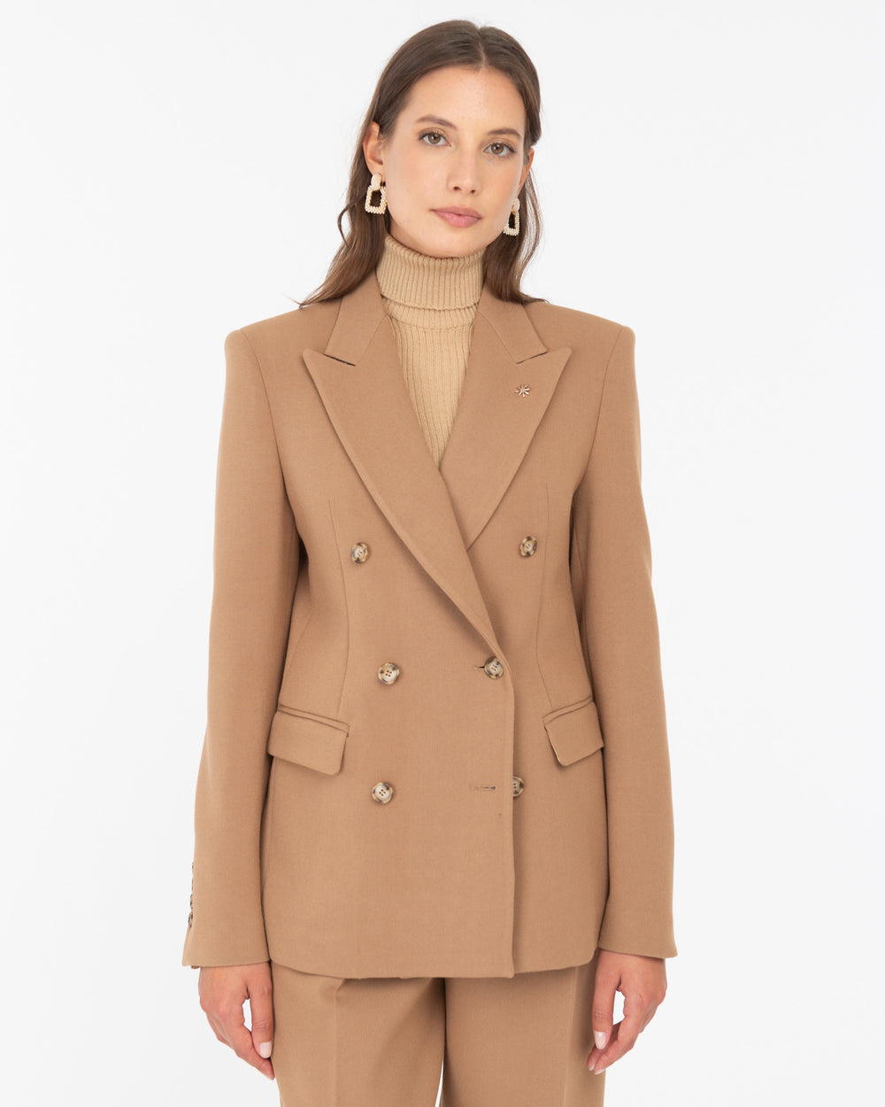 brown stretch viscose poly double breasted blazer