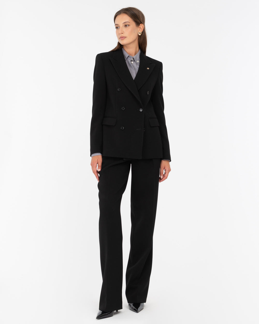 black stretch viscose poly double breasted blazer