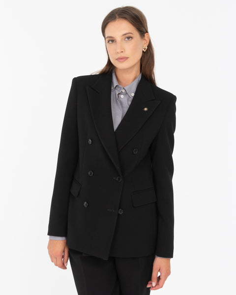 black stretch viscose poly double breasted blazer