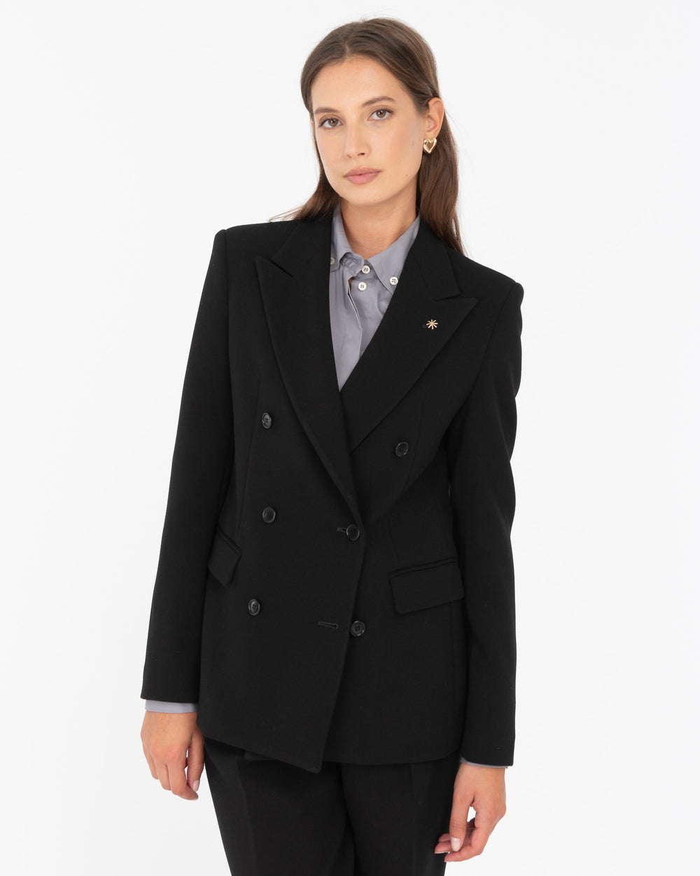 black stretch viscose poly double breasted blazer
