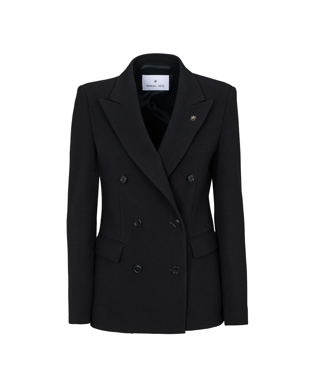 black stretch viscose poly double breasted blazer