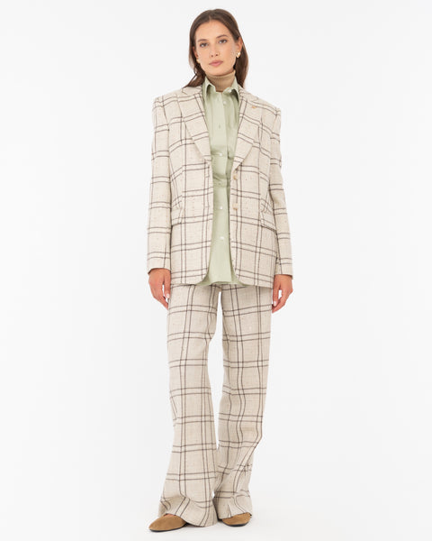 beige macrocheck sequin wool blend blazer