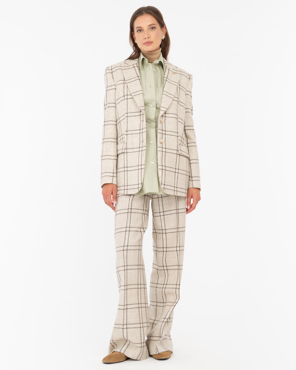 beige macrocheck sequin wool blend blazer