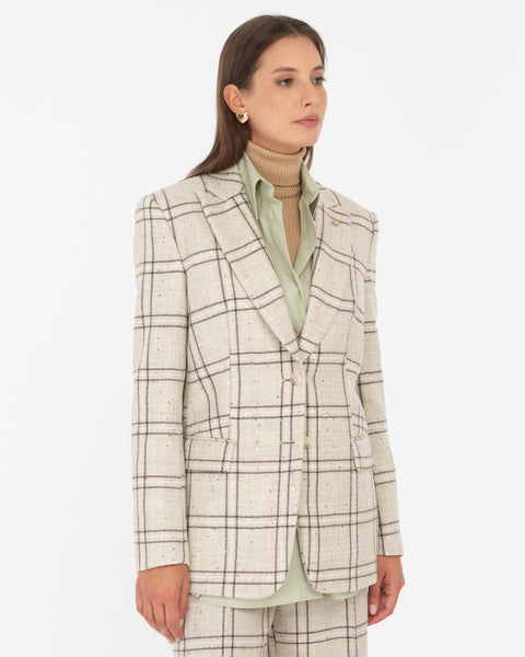 beige macrocheck sequin wool blend blazer
