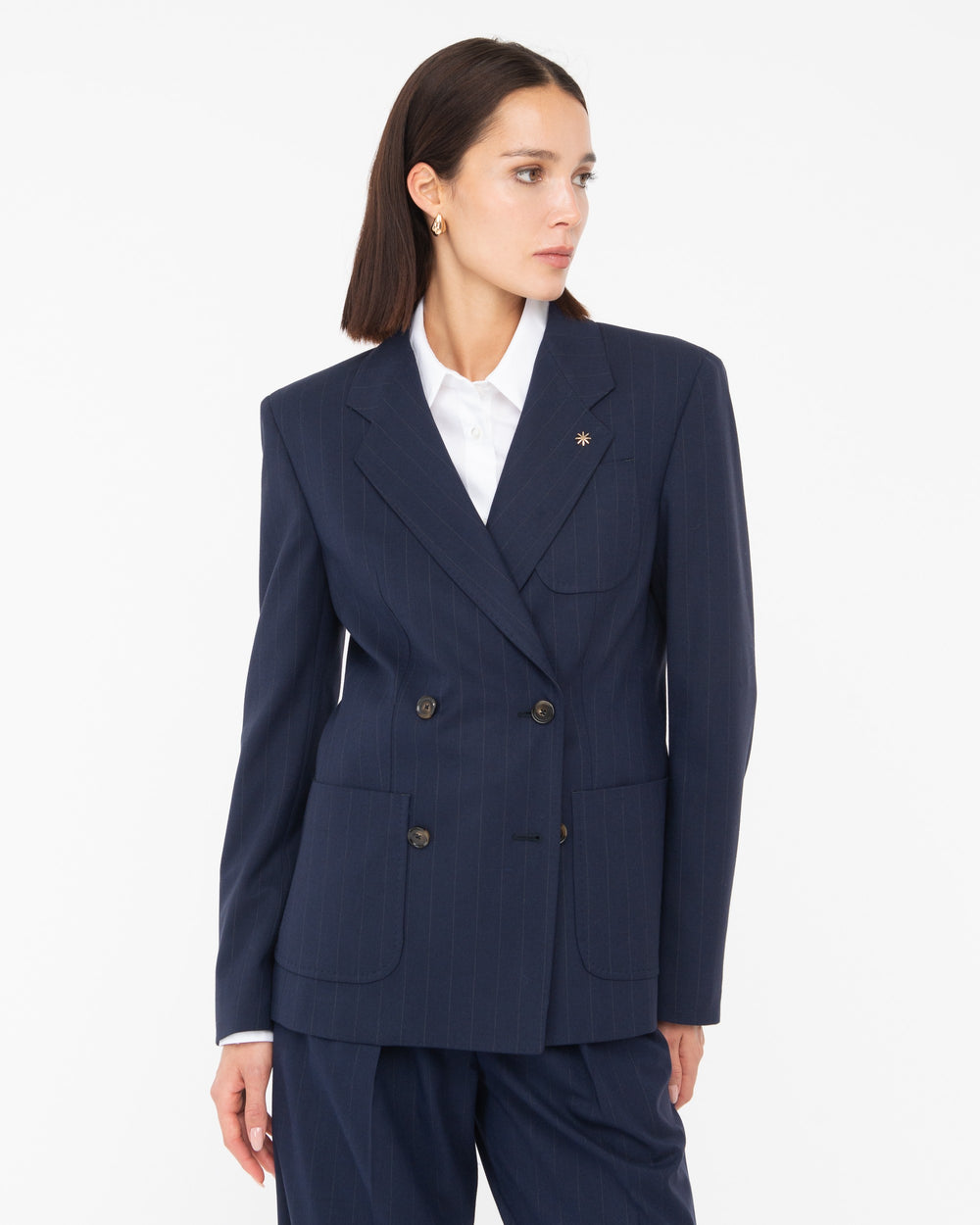 blue poly viscose pinstripe double breasted blazer