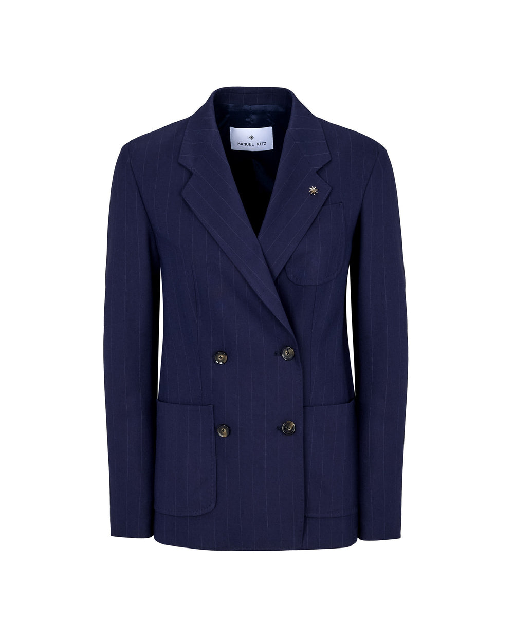 blue poly viscose pinstripe double breasted blazer