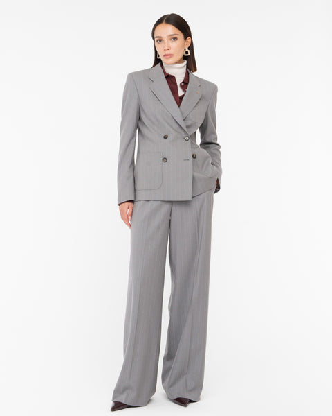 gray poly viscose pinstripe double breasted blazer
