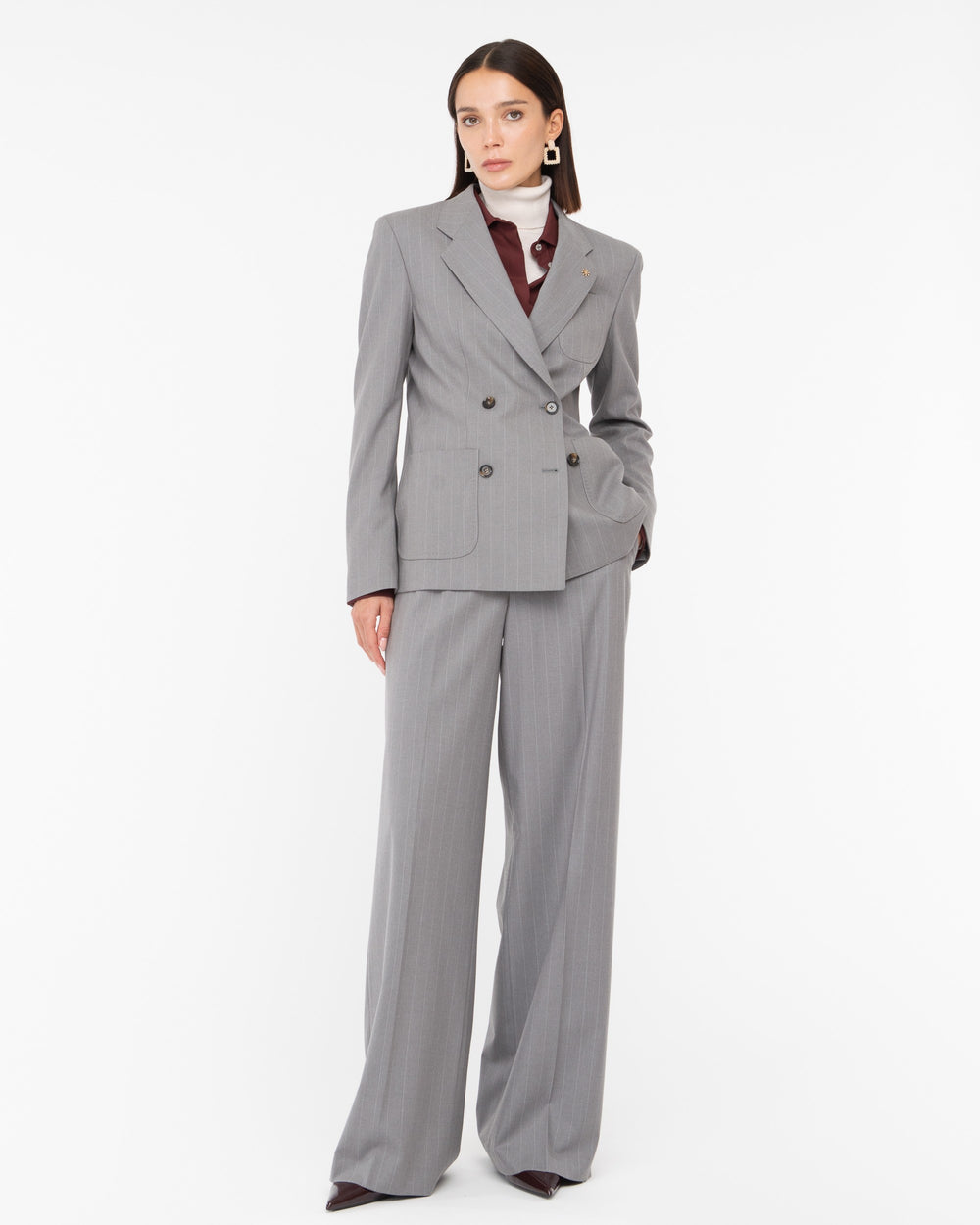 gray poly viscose pinstripe double breasted blazer