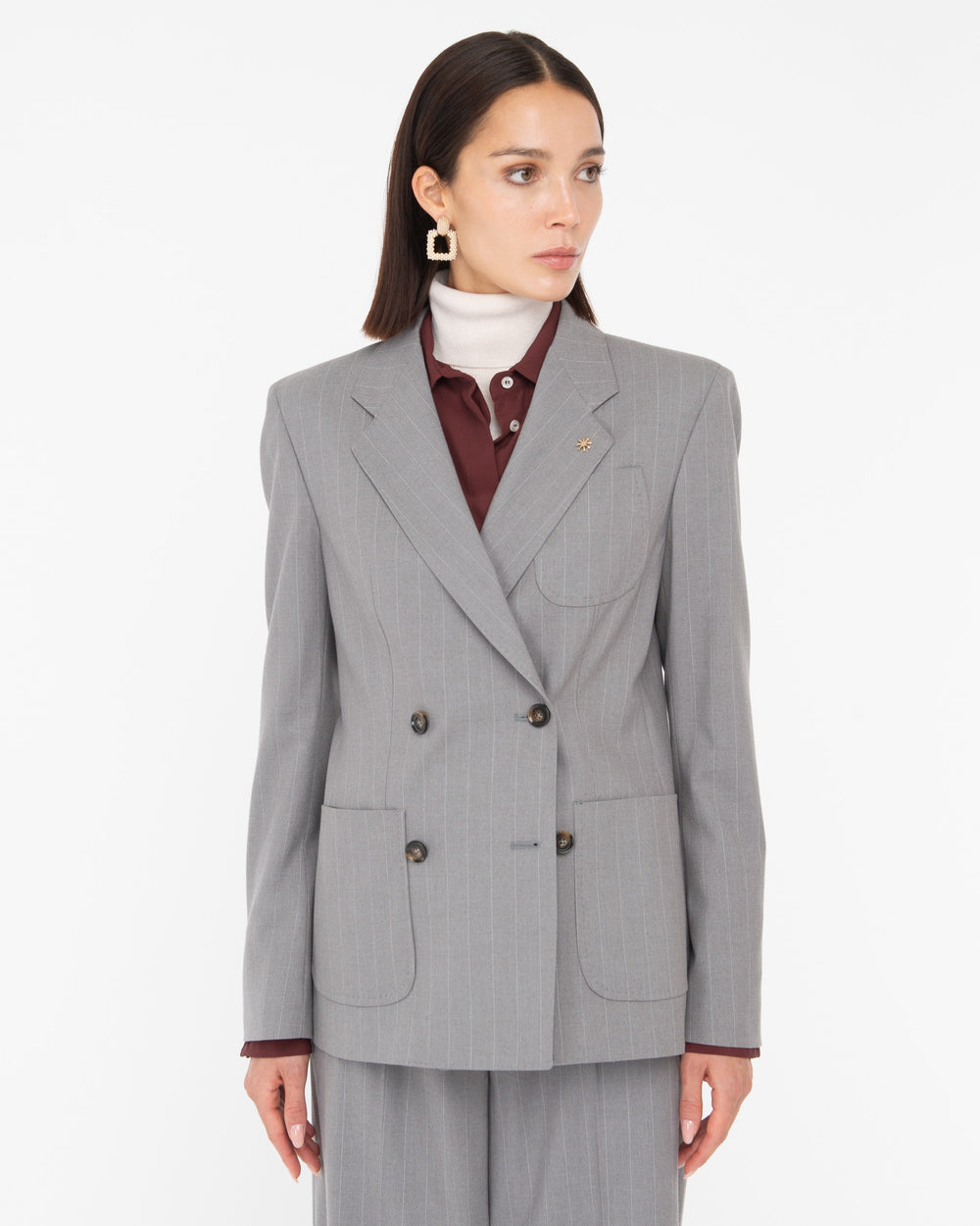 gray poly viscose pinstripe double breasted blazer