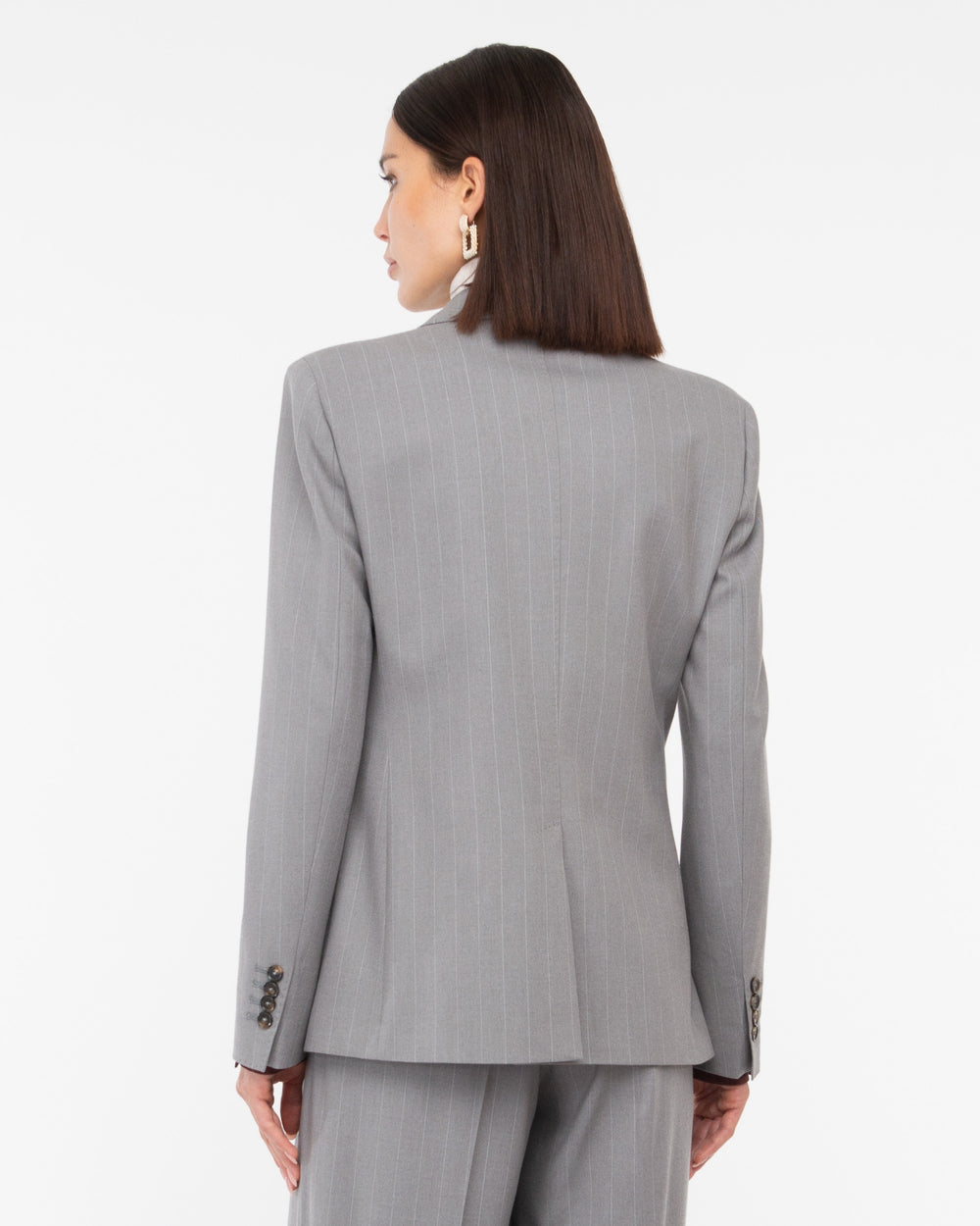 gray poly viscose pinstripe double breasted blazer