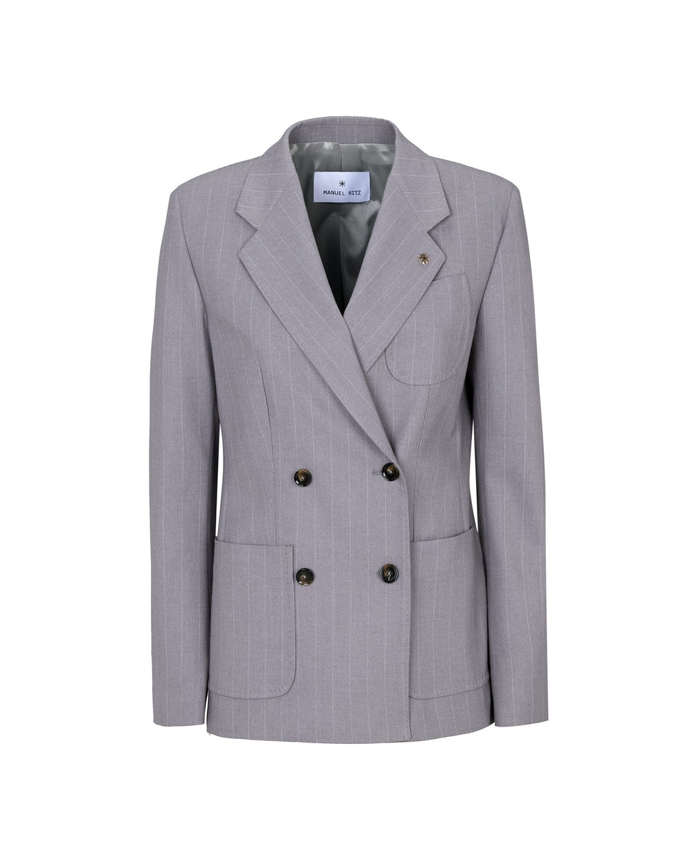 gray poly viscose pinstripe double breasted blazer