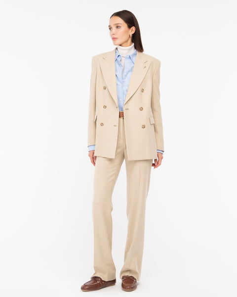 beige wool blend flannel double breasted blazer