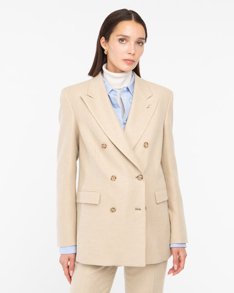 beige wool blend flannel double breasted blazer