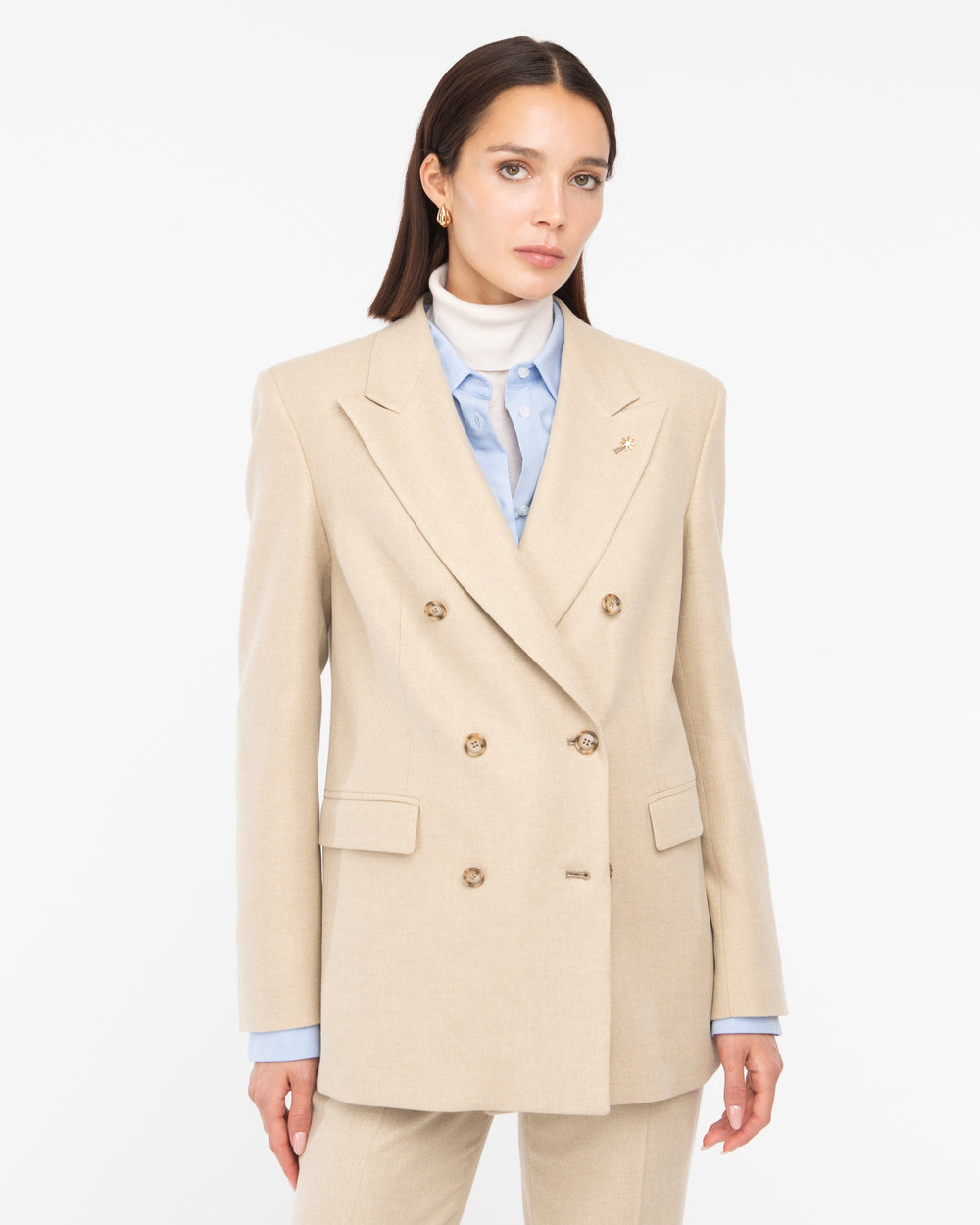 beige wool blend flannel double breasted blazer