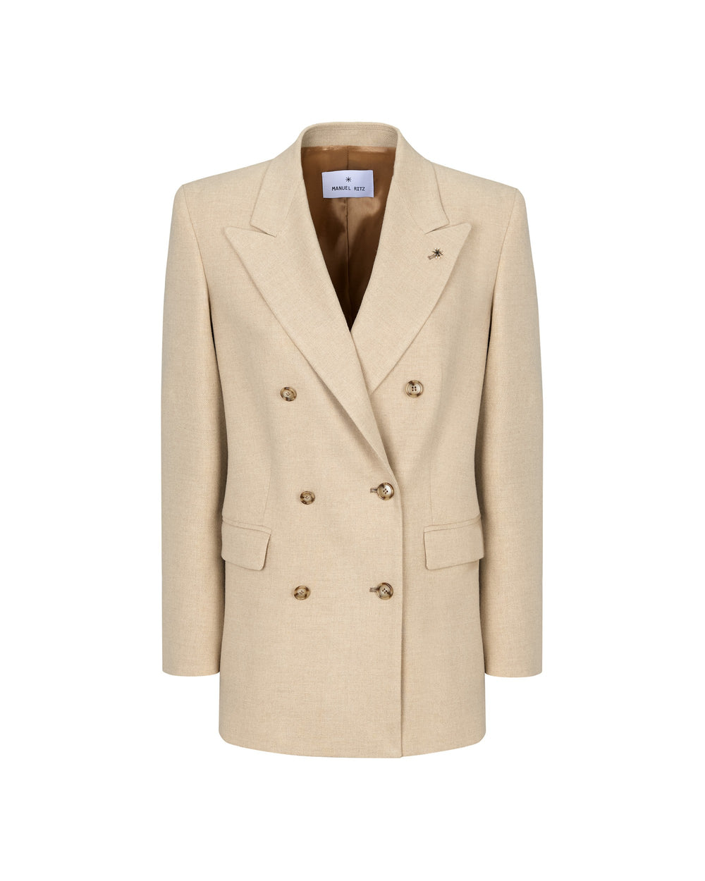 beige wool blend flannel double breasted blazer